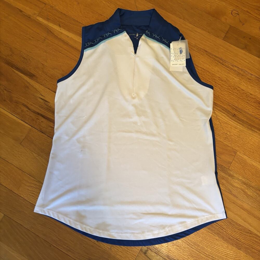 NWT SPORT HALEY Womens White Sleeveless Tank Top Blue Workout Shirt Medium Golf